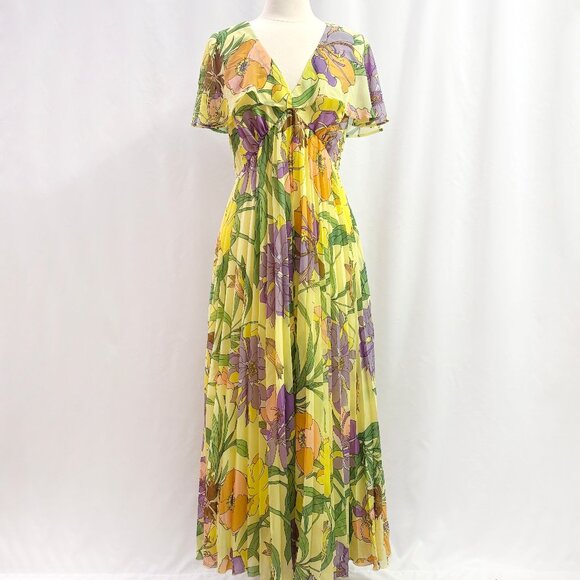 ASOS retro yellow and purple floral maxi dress size US 10 - Picture 1 of 7
